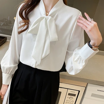Casual Nova Blusa Branca Para Mulheres Elegantes |Arco Office Topo da Moda Feminina Manga Longa Camisas de Chiffon Mulher SM22